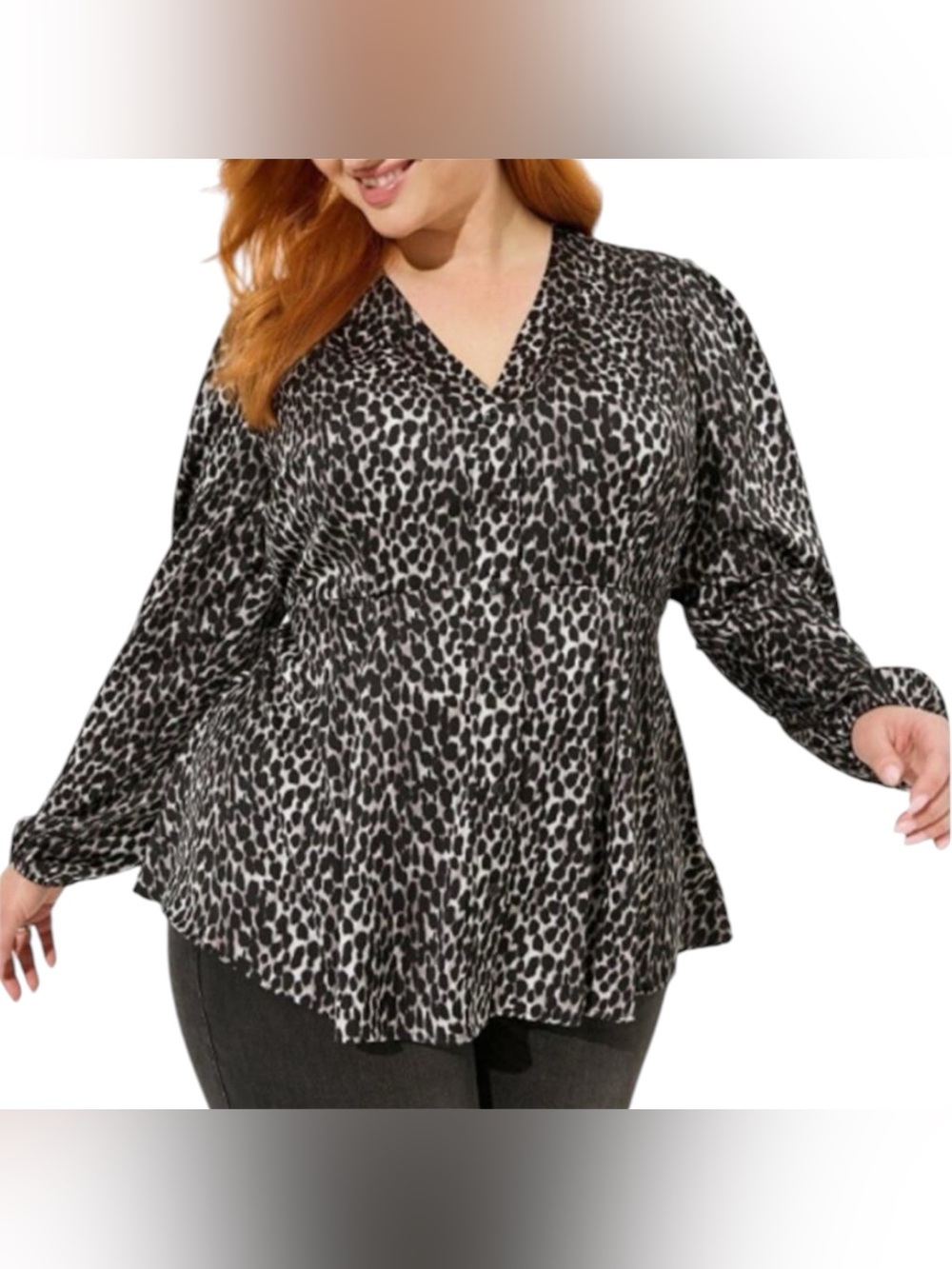 Torrid Black & White Leopard V-Neck Peplum Satin Longsleeve Blouse